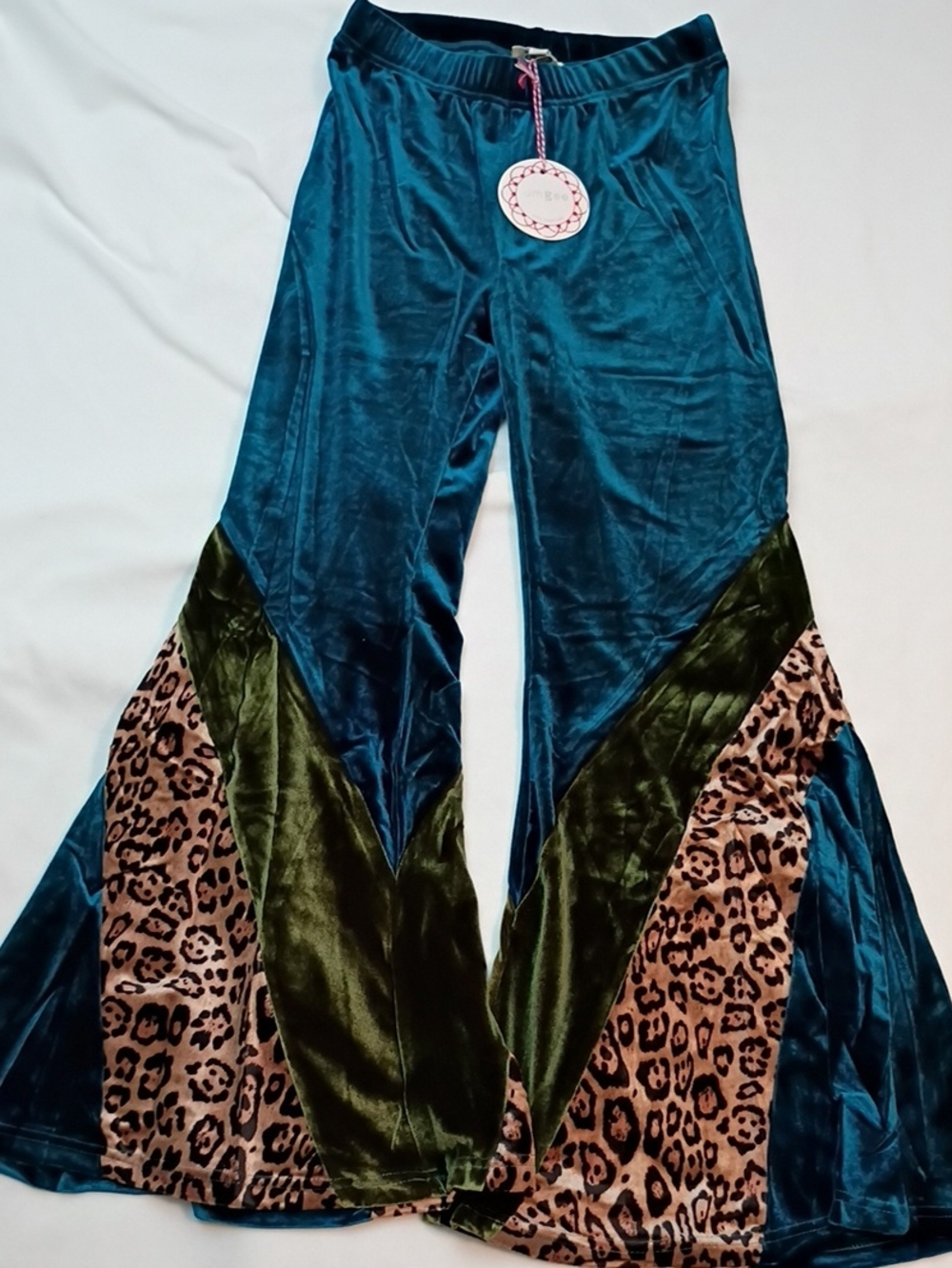 Umgee Women's Boho Teal Velvet Flared Pants with Olive and Leopard Panels
